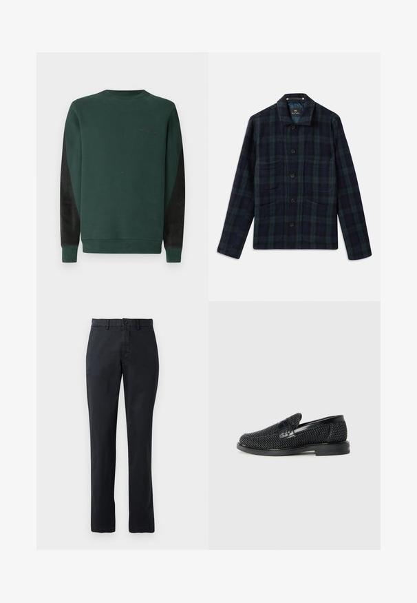 Veste à carreaux vert foncé et bleu marine, à boutons, avec manches longues, col et quatre poches avant.; Sweat-shirt vert avec col rond, panneaux latéraux noirs et logo subtil en noir sur la poitrine. Tissu doux et texturé.; Chinos bleu marine foncé en tissu coton, avec une taille plate, deux poches avant et une seule poche arrière avec fermeture à bouton.; Chaussure slip-on tissée noire avec un accent en cuir lisse sur le dessus, un design à bout rond et une semelle en caoutchouc à profil bas.
