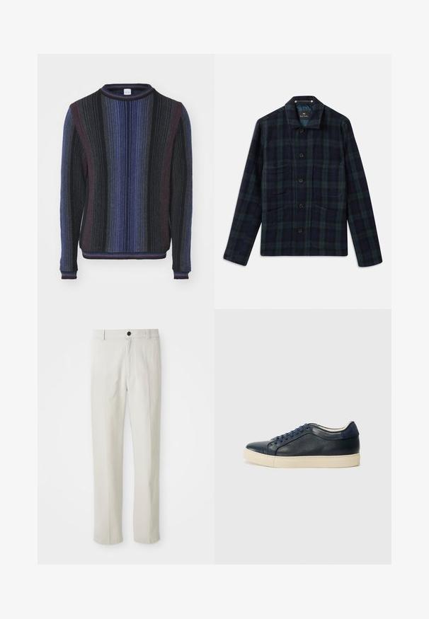 Tamnozelena i mornarskoplava karo košulja jakna s dugim rukavima, kragnom i četiri prednja džepa.; Paul Smith CREW NECK - Vesta - dark blue/multi-coloured; Bež hlače ravnog kroja s petljama za remen, prednjim gumbom i zatvaranjem na zip, prikazane ravno na bijeloj pozadini.; Tamno plavi kožni tenisice s kremastom gumenom potplatom, s plavim vezicama i glatkom teksturom. Zaobljen vrh i minimalistički dizajn.