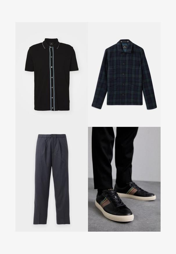 Dark green and navy blue plaid button-up jacket with long sleeves, collar, and four front pockets.; Black short-sleeve polo shirt with a collar, featuring a vertical light blue stripe and contrasting buttons down the front.; Dark navy trousers made of soft fabric with a pleated front design and elastic waistband. Features a button closure and straight-leg cut.; Black leather sneakers with multicolored striped accents, round toe, and white rubber soles, featuring lace-up design and embossed branding.