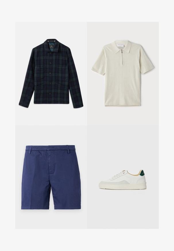 Tmavě zelená a námořnická modrá kostkovaná košile s dlouhými rukávy, límečkem a čtyřmi předními kapsami.; Pánská polo košile s krátkým rukávem v světlé béžové barvě, s límcem na zip. Vyrobena z hladkého materiálu, s jednoduchým, moderním designem bez vzorů.; Námořnické modré bavlněné šortky s plochým předním dílem, dvěma bočními kapsami a rovnou spodní hranou. Mají poutka na opasek a hladkou texturu.; Bílé tenisky se semišovými prvky, kulatou špičkou, plochými tkaničkami a krémovou gumovou podrážkou. Na patě mají zelené logo.
