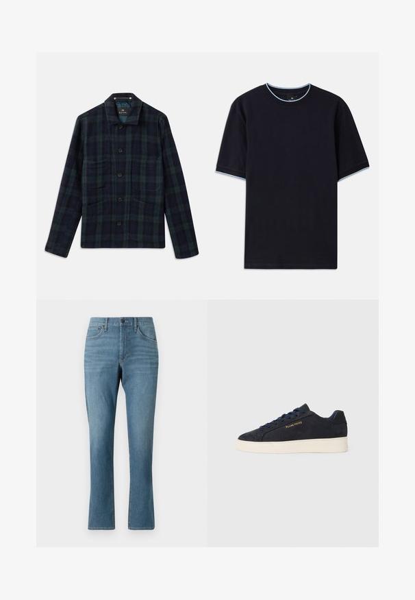 Giacca a quadri verde scuro e blu navy con maniche lunghe, colletto e quattro tasche anteriori.; T-shirt a maniche corte di colore blu scuro con scollo rotondo, caratterizzato da dettagli azzurri al colletto e sulle maniche. Realizzato in morbido tessuto di cotone.; Jeans in denim azzurro chiaro con taglio dritto, dotati di tasche frontali e posteriori, zip frontale e leggera scoloritura nel tessuto.; Sneaker bassa in suede blu navy con suola bianca, lacci blu navy e logo "Filling Pieces" in oro sul lato.