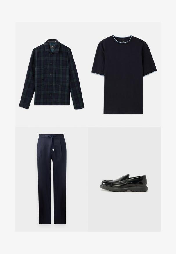 Jachetă cu carouri verde închis și albastru marin, cu butoni, mâneci lungi, guler și patru buzunare frontale.; Tricou scurt cu mânecă scurtă de culoare albastru închis, cu un guler rotund, având accente de culoare albastru deschis la guler și la mâneci. Fabricat dintr-un material moale din bumbac.; Pantaloni de culoare bleumarin, cu o croială lejeră, talie elastică și sistem de închidere cu șnur. Au două pliseuri frontale și picioare drepte, fără buzunare.; Mocasin din piele neagră cu o finisare lucioasă, vârf rotunjit, detalii de cusătură subtile și o talpă groasă din cauciuc pentru durabilitate.