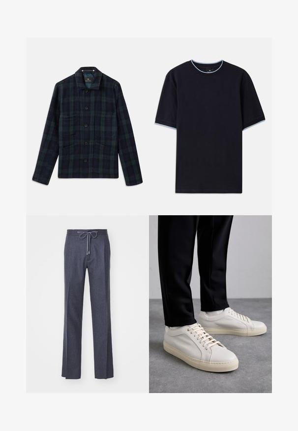 Jachetă cu carouri verde închis și albastru marin, cu butoni, mâneci lungi, guler și patru buzunare frontale.; Tricou scurt cu mânecă scurtă de culoare albastru închis, cu un guler rotund, având accente de culoare albastru deschis la guler și la mâneci. Fabricat dintr-un material moale din bumbac.; LARDINI Pantaloni - grey; Adidași din piele bej deschis, cu șirete plate, o suprafață texturată și o talpă din cauciuc de culoare crem, asociați cu pantaloni negri tip tapered.