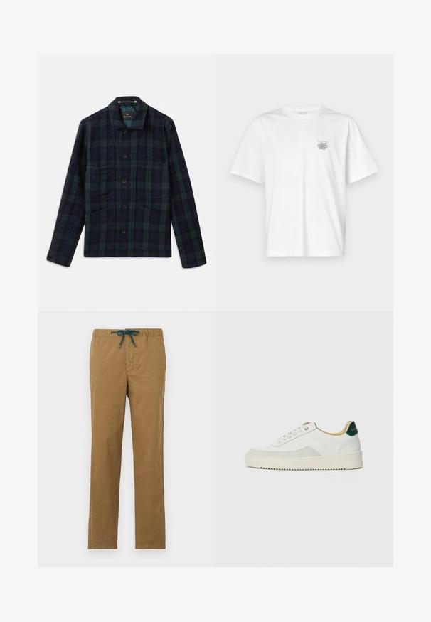 Mørkegrøn og marineblå ternet button-up jakke med lange ærmer, krave og fire forlommer.; Hvid t-shirt lavet af bomuld med korte ærmer, rund halsudskæring og et lille gråt logo på venstre brystområde. Glat tekstur.; Brune bomuldsbukser med snor i taljen i teal. Designet har lige ben og ingen synlige lommer eller dekorationer.; Hvide sneakers med ruskindsdetaljer, rund tå, flade snørebånd og en cremet gummisål. Har grøn branding på hælen.