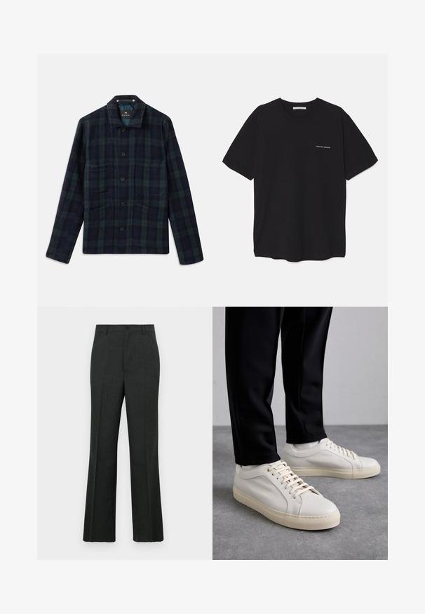 Tmavozelená a námornícky modrá kockovaná košeľa s dlhými rukávmi, golierom a štyrmi prednými vreckami.; Čierne bavlnené tričko s okrúhlym výstrihom, krátkymi rukávmi a bielou potlačou loga na ľavej hrudi. Jednoduchý, jednoliaty dizajn.; Tmavosivé nohavice so strihom do rovna, s gombíkovým zapínaním, prednými vreckami a jemne textúrovanou látkou.; Svetlo béžové kožené tenisky s plochými šnúrkami, textúrovaným povrchom a kontrastnou krémovou gumovou podrážkou, skombinované s čiernymi zúženými nohavicami.
