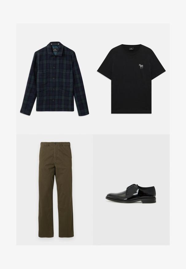 Dark green and navy blue plaid button-up jacket with long sleeves, collar, and four front pockets.; Black short-sleeve T-shirt with a small embroidered white zebra on the left chest and a round neckline.; Men’s straight-leg brown cotton trousers with belt loops, front button, and zip closure against a light background.; Black dress shoe with a polished patent leather finish, rounded toe, and external stitching. Features a low heel and laced closure.