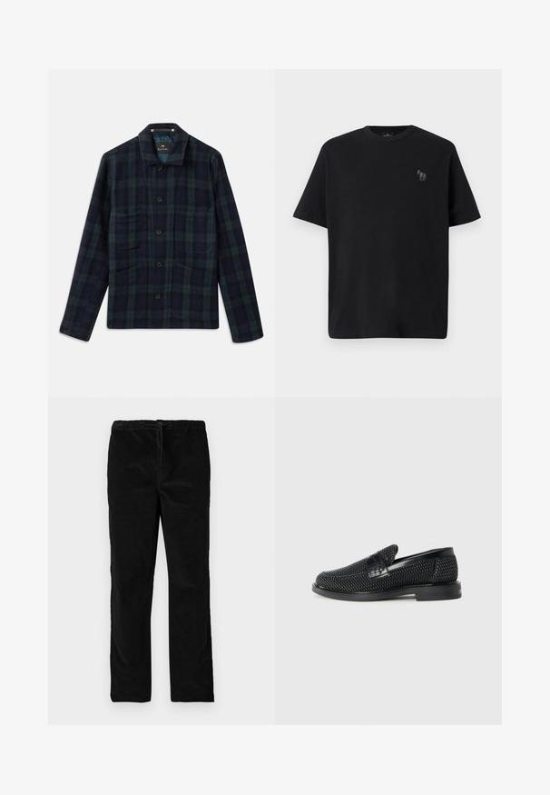 Dark green and navy blue plaid button-up jacket with long sleeves, collar, and four front pockets.; Black cotton t-shirt with short sleeves, round neckline, and a subtle horse logo embroidered in gray on the left chest area.; Black straight-leg velvet pants with elastic waistband and front drawstring, displayed against a plain white background.; Black woven slip-on shoe with a smooth leather accent on the upper, a round toe design, and a low-profile rubber sole.