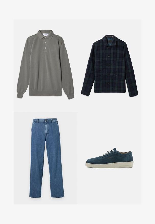 Casaco botão xadrez de verde escuro e azul-marinho com mangas longas, colarinho e quatro bolsos frontais.; Camisa polo de manga longa cinza em tecido texturizado, com colarinho clássico, placket de três botões e punhos canelados.; Jeans de ganga azul de perna larga com fecho de botão, bolsos frontais e um corte reto clássico com um acabamento desbotado.; Sapatilha de camurça azul com bico arredondado, atacadores brancos e sola de borracha. Apresenta costuras discretas e um detalhe com marcação na lateral.