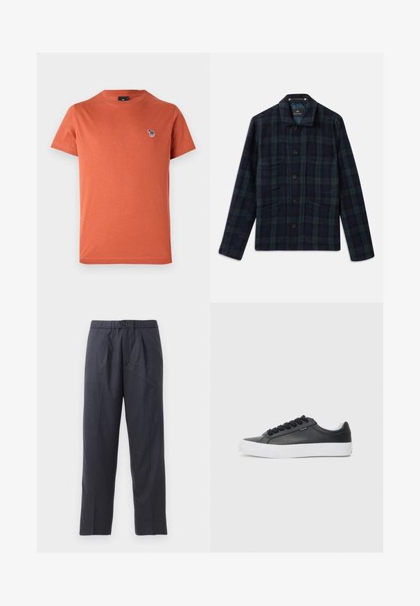 Tamsiai žalia ir tamsiai mėlyna languota mygtukų striukė su ilgomis rankovėmis, apykakle ir keturiomis priekinėmis kišenėmis.; Oranžinė medvilninė marškinėliai trumpomis rankovėmis, apvaliu kaklu ir mažu, daugiakoloriniu siuvinėjimu kairėje krūtinės pusėje.; Tamsiai mėlynos kelnės, pagamintos iš švelnios medžiagos, su klostėtu priekiu ir elastingu juosmeniu. Yra mygtuko užtrauktukas ir tiesios išklikimo pjūvis.; Juodas odinis sportinių batelių modelis su baltu guminio pado, apvaliu pirštu ir juodais raišteliais, pasižymintis lygiu paviršiumi ir minimalistiniu dizainu.