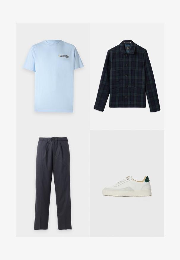 Mørkegrøn og marineblå ternet button-up jakke med lange ærmer, krave og fire forlommer.; Lyseblå bomulds T-shirt med rund halsudskæring og korte ærmer. Broderet design med overlappende cirkler i gul, rød og blå.; Mørkeblå bukser lavet af blødt stof med plisseret frontdesign og elastisk talje. Funktioner en knappelukning og lige ben.; Hvide sneakers med ruskindsdetaljer, rund tå, flade snørebånd og en cremet gummisål. Har grøn branding på hælen.