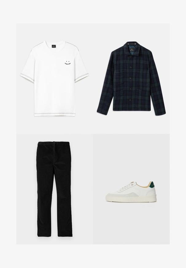 Temno zelena in mornarsko modra karirana srajčna jakna z dolgimi rokavi, ovratnikom in štirimi sprednjimi žepi.; Bela majica s kratkimi rokavi, z črnimi šivi in majhnim potiskom na prsih.; Črne ravne sametne hlače z elastičnim pasom in sprednjim vrvico, prikazane na enobarvni beli podlagi.; Bela trenerka z zaključki iz semiša, okroglo konico, ravne vezalke in kremna gumijasta podplata. Ima zeleno blagovno znamko na peti.