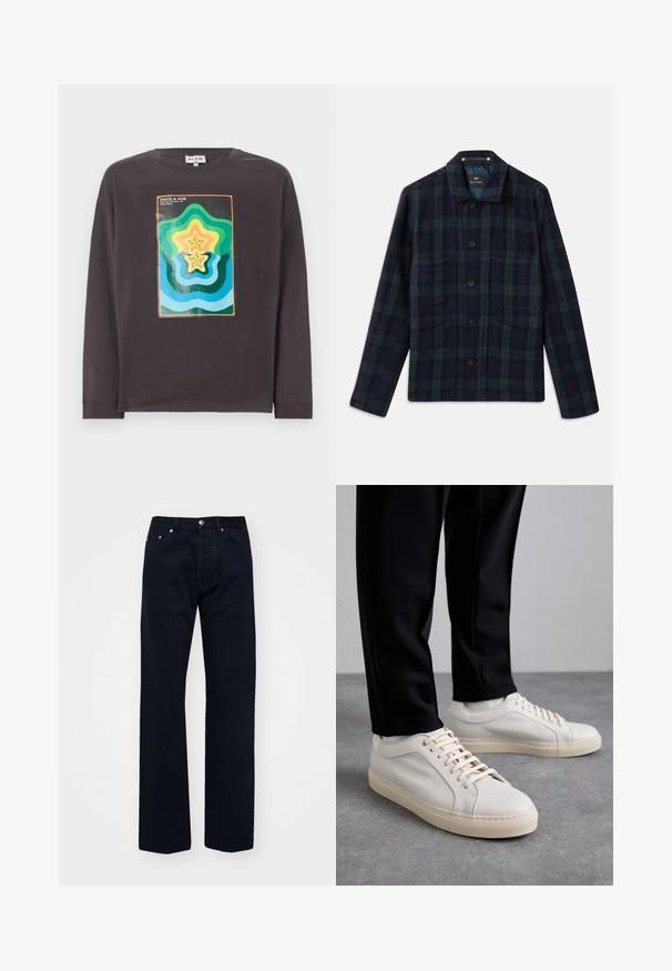 Tmavě zelená a námořnická modrá kostkovaná košile s dlouhými rukávy, límečkem a čtyřmi předními kapsami.; Tmavě šedé tričko s dlouhým rukávem s barevným geometrickým vzorem vln a hvězd v zelené, modré, žluté a oranžové.; Černé džíny z denimu se střihem rovného slim, s knoflíkovým a zipovým zapínáním, pěti kapsami a tónovým prošíváním.; Světlé béžové kožené tenisky s plochými tkaničkami, texturovaným povrchem a kontrastní krémovou gumovou podrážkou, spárované s černými zúženými kalhotami.