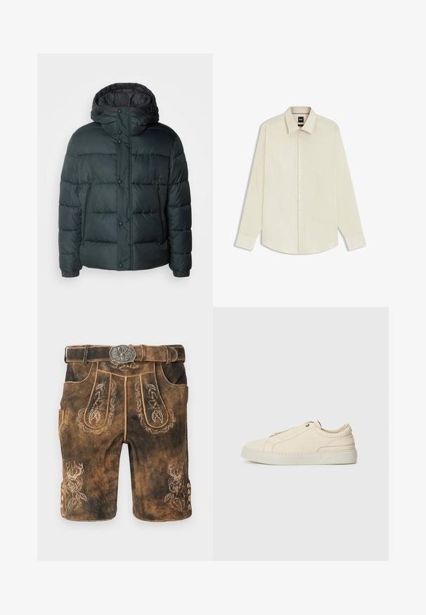 Puffer jacket in dark green with a high collar, hood, snap buttons, zippered side pockets, and a quilted design for insulation.; BOSS JOE KENT - Formal shirt - open white eleven; Brown leather shorts featuring intricate embroidery and a silver buckled belt. Detailed with leaf patterns and a stag design on the side.; Beige leather sneaker with a rounded toe, minimalistic design, subtle stitching details, and a textured upper, on a light sole.