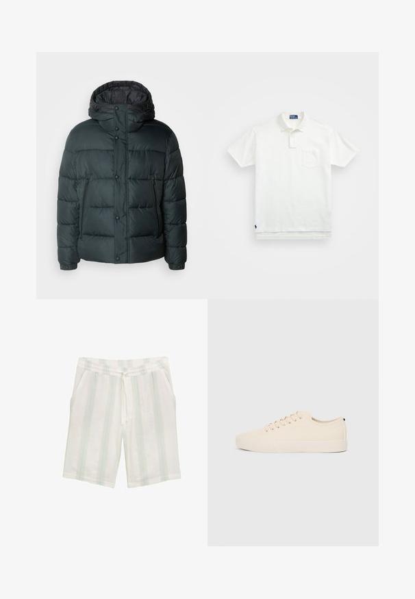 Puffer jacket in dark green with a high collar, hood, snap buttons, zippered side pockets, and a quilted design for insulation.; White polo shirt made of cotton, featuring a classic collar, three-button placket, and a left chest pocket; small logo at the hem.; White shorts made of lightweight fabric featuring vertical light blue and green stripes, with an elastic waistband and side pockets.; Beige canvas sneakers with round toe, flat rubber sole, and lace-up front. Features minimal design and a contrasting black accent at the heel.