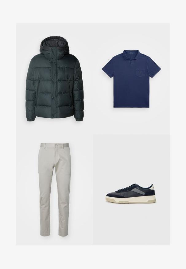Puha jakna v temno zeleni barvi z visokim ovratnikom, kapuco, gumbom na klik, zadrgo na stranskih žepih in prešito zasnovo za izolacijo.; Temno modra polo majica z kratkim ovratnikom, žepom na prsih in vezenim logotipom. Narejena iz mehkega, teksturiranega materiala.; Svetlo sivi bombažni hlače s pravim krojem, ravnim sprednjim delom in brez vidnih žepov ali okrasnih elementov. Gladka tekstura, enostaven videz.; BOSS BALTIMORE - Športni copati - open blue