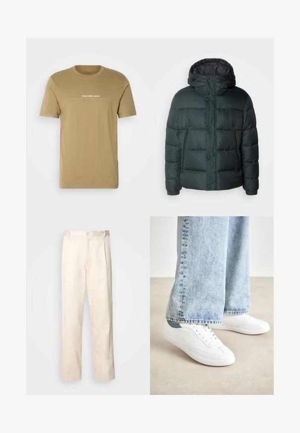Puffer jakke i mørkegrønn med høy krage, hette, trykknapper, glidelåslommer på siden og et quiltet design for isolasjon.; Beige bomulls t-skjorte med korte ermer. Har hvit tekstlogo "Calvin Klein Jeans" og etableringsår trykket på forsiden.; Beige bomullsbukser med rett benfatt, med knappelukking og folder foran for ekstra detaljer.; Hvite sneakers med glatt materiale, snøring, teksturert gummisåle, og en teal akcent ved hælen, kombinert med lyseblå jeans.