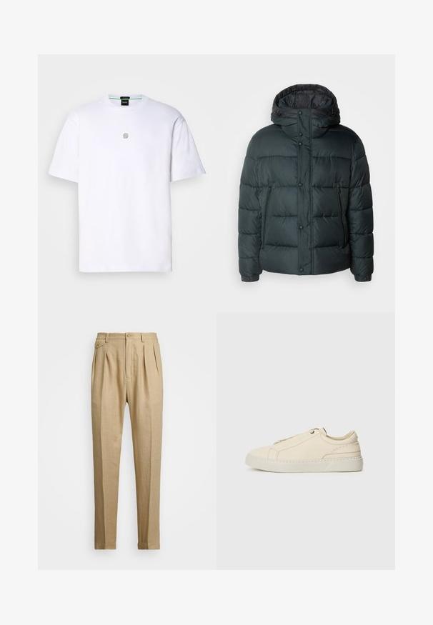 Puffer jacket in dark green with a high collar, hood, snap buttons, zippered side pockets, and a quilted design for insulation.; White cotton T-shirt with short sleeves, featuring a small gray logo on the chest, round neckline, and a smooth, soft texture.; Beige linen trousers with a straight cut, featuring two front pleats, a button closure, and side pockets. Textured fabric with a smooth finish.; Beige leather sneaker with a rounded toe, minimalistic design, subtle stitching details, and a textured upper, on a light sole.
