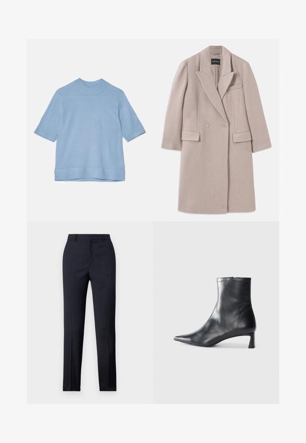 Beige divkārša vilnas mēteli ar izgrieztiem atlapa, divi priekšējie kabatas ar atlapi, krūšu kabatiņa un garas piedurknes.; Tiger of Sweden WINNIS - Pamata T-krekls - dusk blue; Jūras spēku stila bikses ar taisnu griezumu, ar gludu tekstūru, divām priekšējām kabatām un tīru jostas vietu.; Melnas ādas potītes zābaki ar norādītu pirkstu un elegantu dizainu. Iezīmē zemu papēdi un rāvējslēdzēja aizdari aizmugurē. Gluda tekstūra.