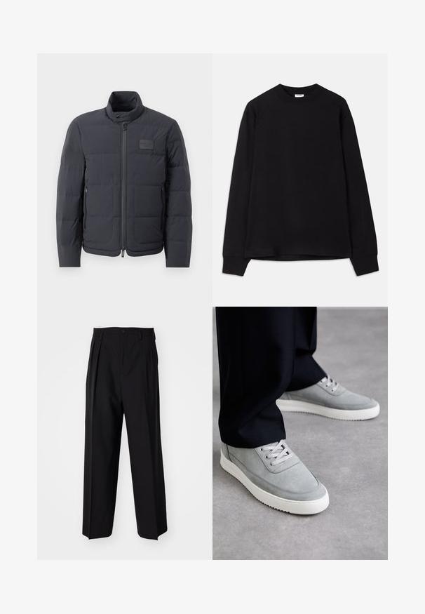Melna pūkaina jaka ar augstu apkakli, quiltota tekstūra un priekšējo rāvējslēdzēju. Iekļauj mazu logotipa plāksteri kreisajā krūtī un sānu kabatas.; Melnas garām piedurknēm T-krekls, kas izgatavots no mīksta kokvilnas. Tam ir apaļa izgriezne, brīvs piegriezums un ribotas aproces. Nav redzamu rakstu vai logo.; Melnas plisētās bikses ar taisnu, plata kāja dizainu. Izgatavotas no gludas auduma, ar pogu aizdari un jostas cilpiņām.; Pelēki zamšādas kedas ar baltām gumijas zolēm, ar auklēm, noapaļotu purngalu un smalkajiem šuvumiem, valkātas ar melnām biksēm.