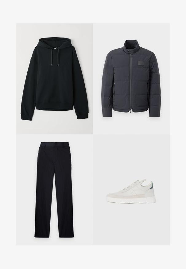 Musta puffatakki korkealla kauluksella, tikattu pinta ja vetoketju edessä. Sisältää pienen logopatchin vasemmassa rinnassa sekä sivutaskut.; Mustapaitapusero, joka on valmistettu pehmeästä puuvillasekoitteesta. Varusteena nyörillinen huppu, joustavat hihansuut ja helman, sekä huomaamaton logo rinnassa.; Mustat housut, joissa on kevyt, teksturoitu kangas, suora lahje, joustava vyötärö ja sivuvetoketjupussit.; Valkoiset nahkakengät, joissa on harmaat mokka yksityiskohdat, nauhoitusmalli, vetotuki ja tekstuurinen kumipohja, jossa on sahalaitakuviota.