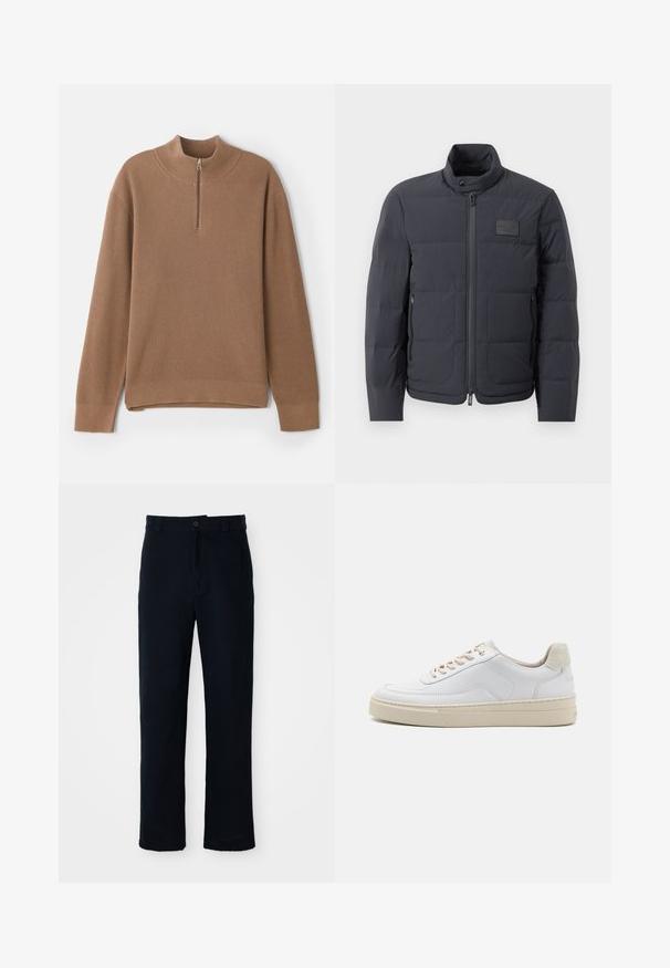 Jachetă puf neagră cu guler înalt, textură matlasată și fermoar frontal. Are un badge logo mic pe pieptul stâng și buzunare laterale.; Pulover ribbed maro cu guler înalt și închidere cu fermoar pe jumătate. Are mâneci lungi și un tiv drept cu deschideri laterale pentru confort în mișcare.; Pantaloni bleumarin din bumbac, cu un design drept, închidere frontală cu nasture și talie clasică cu bucle pentru curea.; Sneaker alb cu un superior din piele netedă, șireturi bej și un tab superior din suede bej texturat. Solea ridicată pentru o înălțime suplimentară.