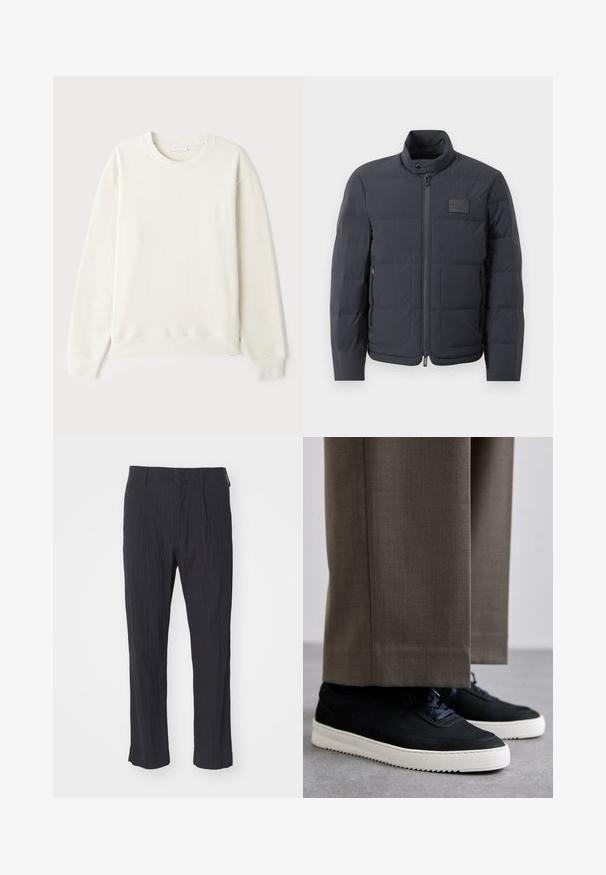 Chaqueta acolchada negra con cuello alto, textura acolchada y cierre frontal. Presenta un pequeño parche con logo en el pecho izquierdo y bolsillos laterales.; Sudadera de color beige claro, material de algodón, cuello redondo, mangas largas, puños y dobladillo de canalé, logo minimalista en el pecho, textura suave.; Pantalones negros con plisados de tejido texturizado, con un diseño de pierna recta y cinturilla estándar. Sin bolsillos visibles ni herrajes.; Zapatillas de ante negro con suelas de goma blanca, que presentan una puntera redondeada y cordones, llevadas con pantalones grises a medida.