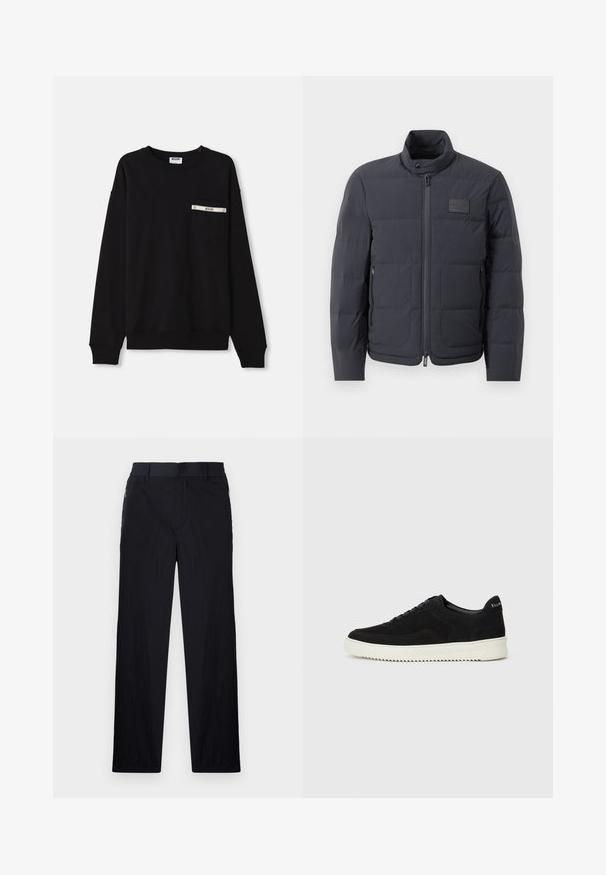 Black puffer jacket with a high collar, quilted texture, and a front zipper. Features a small logo patch on the left chest and side pockets.; Black sweatshirt with long sleeves, ribbed cuffs, a round neckline, and a front pocket featuring a silver accent and logo detail.; Black trousers featuring a lightweight, textured fabric, straight-leg design, elastic waistband, and side zip pockets.; Black suede sneaker with lace-up design and contrasting white rubber sole. Features textured side panels and subtle branding on the heel.