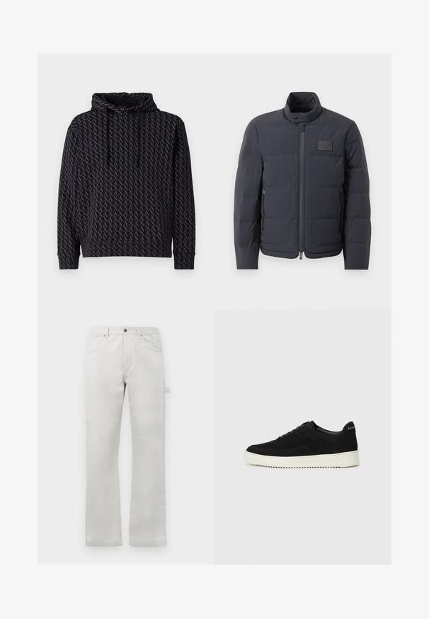 Black puffer jacket with a high collar, quilted texture, and a front zipper. Features a small logo patch on the left chest and side pockets.; Hooded sweatshirt in black featuring a repetitive grey logo pattern, with a drawstring hood and ribbed cuffs and hem.; Light gray trousers with a straight fit, made of smooth cotton fabric, featuring front pockets and a side cargo pocket.; Black suede sneaker with lace-up design and contrasting white rubber sole. Features textured side panels and subtle branding on the heel.