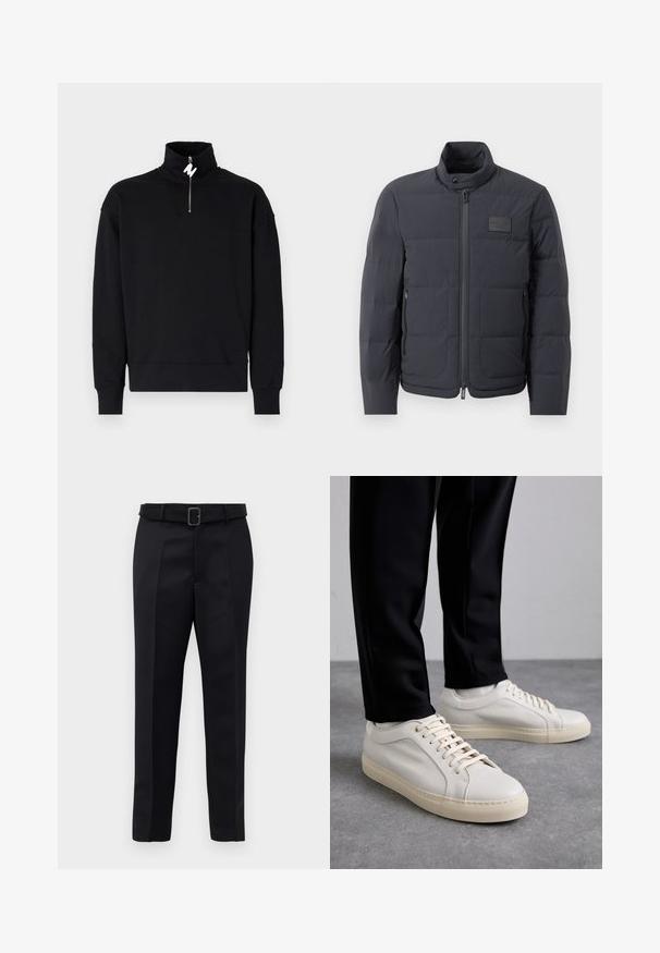 Giubbotto imbottito nero con colletto alto, texture trapuntata e zip frontale. Presenta una piccola patch con logo sul lato sinistro del petto e tasche laterali.; Felpa nera con colletto alto e chiusura a mezza zip. Tessuto morbido, vestibilità comoda e polsini a coste. Nessun motivo o accentuazione aggiuntiva.; I pantaloni neri su misura presentano un tessuto liscio, una linea dritta e una vita con cintura dotata di una fibbia rettangolare. Le pieghe frontali notevoli arricchiscono il design.; Sneaker in pelle beige chiaro con lacci piatti, superficie texturizzata e suola in gomma di colore crema in contrasto, abbinati a pantaloni neri a sigaretta.