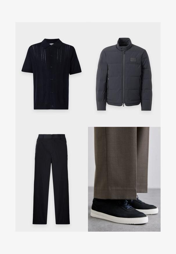 Černá péřová bunda s vysokým límcem, prošívanou strukturou a předním zipem. Obsahuje malé logo na levé straně hrudi a boční kapsy.; Tmavě navy modrá pletená polo košile s krátkým rukávem a límcem, se svislým žebrováním a šesti knoflíky vpředu.; Černé kalhoty s lehkým, strukturovaným materiálem, rovnými nohavicemi, elastickým pasem a postranními zipovými kapsami.; Černé semišové tenisky s bílými gumovými podrážkami, s kulatou špičkou a tkaničkami, obuté s šedými úzkými kalhotami.