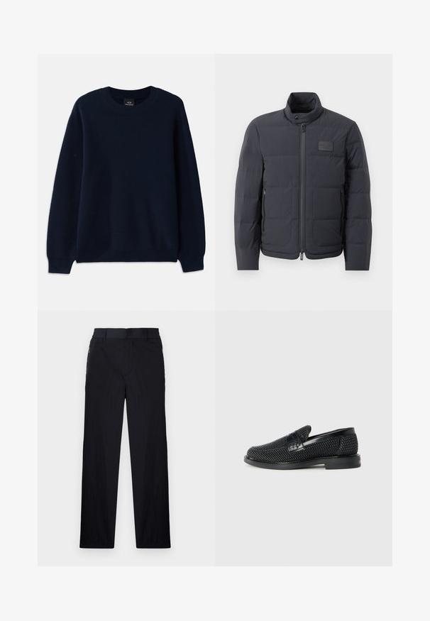 Schwarze Daunenjacke mit hohem Kragen, gestepptem Muster und einem Reißverschluss vorne. Verfügt über ein kleines Logopatch auf der linken Brust und seitliche Taschen.; Dunkelblauer Rippenpullover mit Rundhalsausschnitt und langen Ärmeln. Besitzt ein strukturiertes Muster über den gesamten Stoff.; Schwarze Hose aus leichtem, strukturiertem Stoff, mit geradem Bein, elastischem Bund und seitlichen Reißverschlusstaschen.; Schwarzer geflochtener Slipper mit einem glatten Lederakzent im Obermaterial, einem runden Zehendesign und einer flachen Gummisohle.