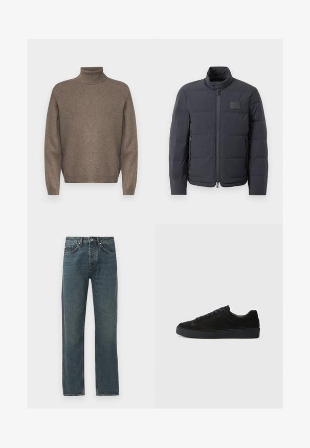 Melna pūkaina jaka ar augstu apkakli, quiltota tekstūra un priekšējo rāvējslēdzēju. Iekļauj mazu logotipa plāksteri kreisajā krūtī un sānu kabatas.; Brūns augstais apkakles džemperis, kas izgatavots no mīksta adījuma materiāla. Tam ir ribotas aproces un apakšmalas, atbrīvota piegriezuma un bezšuvju dizains.; Tumši zili džinsi ar taisnas kājas dizainu, kas aprīkoti ar piecām kabatām, pogu aizdari un kontrastējošiem dūrieniem.; Melna zamšāda sporta apavi ar plakanu, strukturētu zoli, noapaļotu purngalu, sešām acīm šņorēm un minimālistisku dizainu.