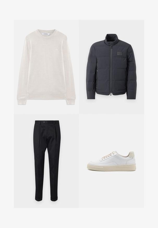 Črna napihnjena jakna z visokim ovratnikom, prešito teksturo in sprednjim zadrgo. Ima majhno logo nalepko na levem prsnem delu in stranske žepe.; Svetar dolgega vesa v svetlo bež barvi, s krožnim ovratnikom, z rebrastimi manšetami in robom, s subtilnim logotipom na levi strani prsi ter oznako J.Lindeberg znotraj ovratnika.; Črne hlače iz gladkega materiala, z zavihkom spredaj, gumbom za zapiranje in zvitim robom ob gležnjih.; Bela teniska z gladkim usnjem, bež vezalkami in teksturiranim bež nubukom na peti. Povišana podplata za dodano višino.