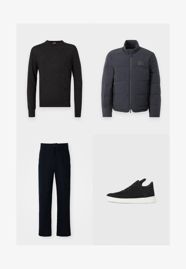 Casaco puffer preto com gola alta, textura acolchoada e fecho éclair frontal. Apresenta um pequeno emblema no lado esquerdo do peito e bolsos laterais.; Suéter preto de manga longa com decote redondo, feito de material suave, com um logótipo subtil de lado e uma silhueta ajustada.; Calças azul marinho em algodão, com um design de perna reta, fecho frontal com botão e cinta clássica com passantes para cinto.; Sapatilha de camurça preta com sola de borracha branca, apresentando costuras tonais e um design com atacadores. Textura suave com uma forma moderna e simplificada.