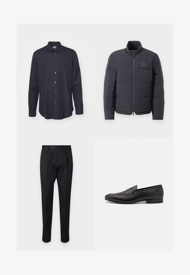 Czarna kurtka puchowa z wysokim kołnierzem, pikowanym wzorem i zamkiem z przodu. Posiada małą naszywkę z logo na lewej piersi oraz kieszenie boczne.; Ciemnoniebieska koszula z długim rękawem zapinana na guziki, wykonana z gładkiego materiału, z klasycznym kołnierzykiem i pięcioma guzikami z przodu, w kontrastowych kolorach.; Czarne spodnie wykonane z gładkiego materiału, z zakładką z przodu, zapięciem na guzik i podwiniętymi mankietami na kostkach.; Czarne skórzane loafersy o eleganckim designie, z zaokrąglonym noskiem i niskim, warstwowym obcasem. Posiadają dekoracyjny detal w postaci szwu na cholewce.