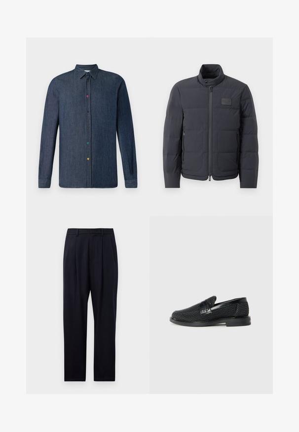 Czarna kurtka puchowa z wysokim kołnierzem, pikowanym wzorem i zamkiem z przodu. Posiada małą naszywkę z logo na lewej piersi oraz kieszenie boczne.; Ciemnoniebieska koszula dżinsowa z długimi rękawami, klasycznym kołnierzykiem i żywymi, wielokolorowymi guzikami na przodzie. Gładka struktura.; Granatowe spodnie o prostym kroju, wykonane z teksturowanej tkaniny, z dwoma fałdami z przodu, szlufkami na pasek i zapięciem na zamek błyskawiczny.; Czarny, pleciony but wsuwany z gładkim skórzanym akcentem na cholewce, o okrągłym nosku i niskoprofilowej gumowej podeszwie.