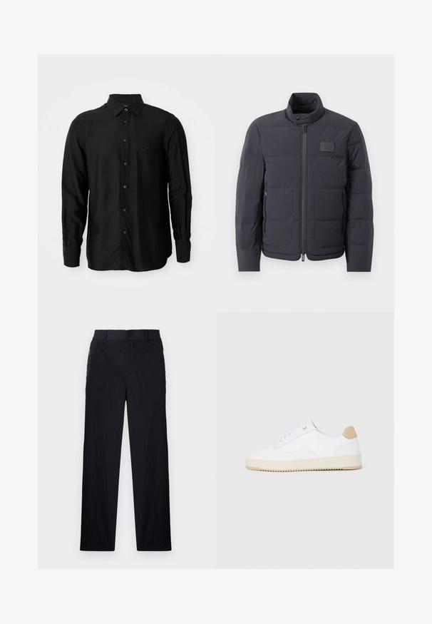 Črna napihnjena jakna z visokim ovratnikom, prešito teksturo in sprednjim zadrgo. Ima majhno logo nalepko na levem prsnem delu in stranske žepe.; Črna srajca z dolgimi rokavi, izdelana iz gladkega blaga, s ovratnikom na gumbke, sprednjimi gumbi in majhnim vezenim logotipom.; Črne hlače iz lahke, teksturirane tkanine, ravne noge, elastičen pas in stranski žepki na zadrgo.; Bele nizke superge z zgornjim delom iz teksturirane usnjene površine, smetano obrobljenim podplatom in svetlo rjavo akcentom na peti. Imajo bele vezalke in podrobnost z logotipom na peti.