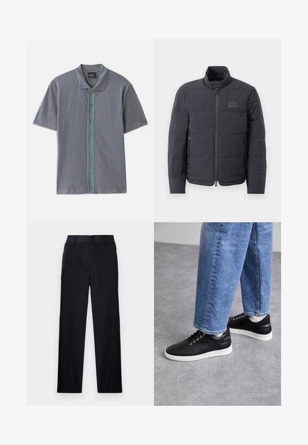 Giubbotto imbottito nero con colletto alto, texture trapuntata e zip frontale. Presenta una piccola patch con logo sul lato sinistro del petto e tasche laterali.; Polo shirt grigio a maniche corte con una striscia a contrasto blu e verde lungo la pattina dei bottoni e cinque bottoni marroni. Tessuto morbido.; Pantaloni neri realizzati in un tessuto leggero e strutturato, con taglio dritto, vita elasticizzata e tasche laterali con zip.; Sneakers in pelle nera con suole in gomma bianca, dotati di lacci rotondi, superficie liscia e un sottile marchio sul tallone. Indossati con jeans blu.