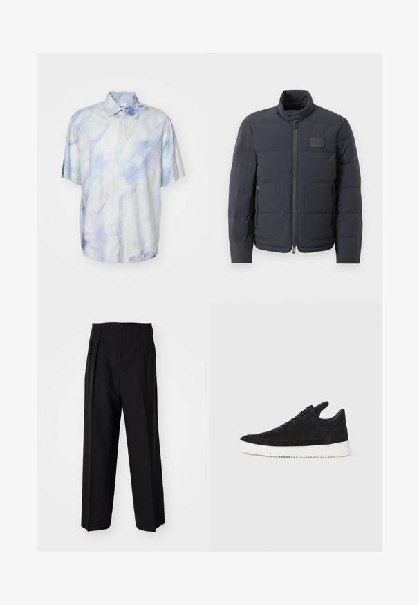 Must musternakk, millel on kõrge kaelus, tikkimise tekstuur ja esi tõmblukk. Iseloomustab väike logopatch vasakul rinnal ja küljetaskud.; Lühikeste varrukatega nööpidega särgid helesinises ja valges, abstraktse akvarellmustriga; valmistatud pehmest kangast; vabalt langev lõige ja kaeluse detail.; Mustad volditud püksid sirge ja laia säärega disainiga. Valmistatud siledast kangast, millel on nuppudega sulgemine ja vööaasad.; Must mustel kingad valge kummist tallaga, millel on toon-toonis õmblused ja paeltega disain. Sile tekstuur ja moodne, voolujooneline kuju.