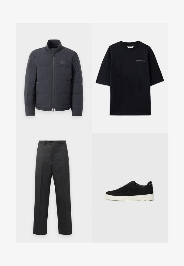 Black puffer jacket with a high collar, quilted texture, and a front zipper. Features a small logo patch on the left chest and side pockets.; Black cotton T-shirt with short sleeves, crew neck, and a small white "HOLZWEILER" logo on the front, featuring a loose fit.; Dark gray formal trousers with front pleats, belt loops, and a button closure at the waist, displayed against a plain white background.; Black suede sneaker with lace-up design and contrasting white rubber sole. Features textured side panels and subtle branding on the heel.