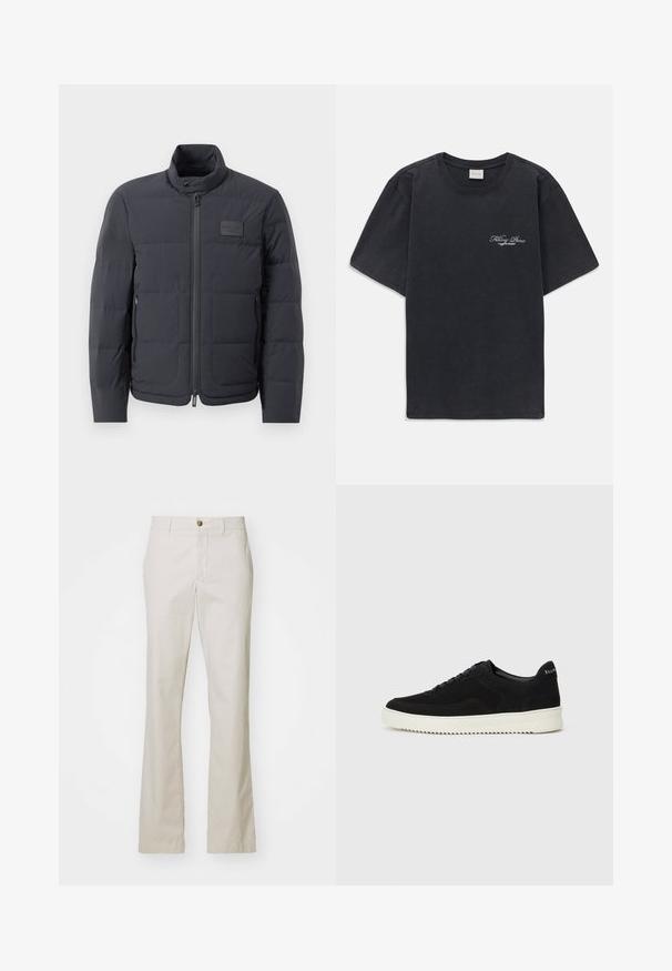 Must musternakk, millel on kõrge kaelus, tikkimise tekstuur ja esi tõmblukk. Iseloomustab väike logopatch vasakul rinnal ja küljetaskud.; Must have lühikesed varrukad ümmarguse kaelusega must T-särk, millel vasakul rinnal on väike valge "Filling Pieces" teksti logo.; J.LINDEBERG LOIS CLOUD PANTS - Püksid - moonbeam; Mustad suede jooksujalatsid, millel on paelad ja kontrastne valge kummitald. Omab tekstuuriga külgpaneele ja tagasihoidlikku brändimist kandadel.