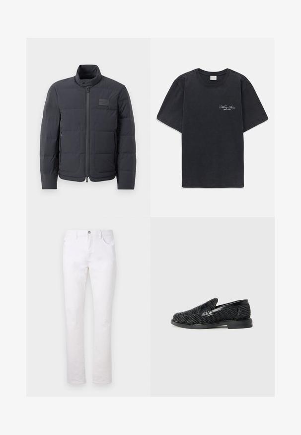 Svart puffjacka med hög krage, quiltad textur och dragkedja framtill. Har en liten logotipp på vänster bröst och sidfickor.; Svart kortärmad t-shirt med rund halsringning och liten vit "Filling Pieces" textlogga på vänster bröst.; Vita denimjeans med rakt ben-design, som har två framfickor, en bakficka och en metallknappsstängning vid midjan.; Svart vävd slip-on sko med en slät läderdetalj på ovansidan, med rund tådesign och en låg gummisula.