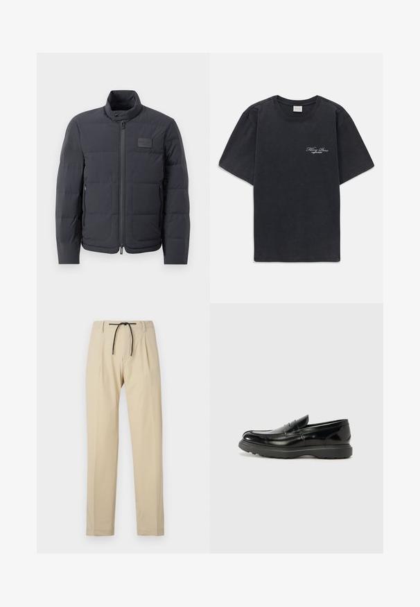 Casaco puffer preto com gola alta, textura acolchoada e fecho éclair frontal. Apresenta um pequeno emblema no lado esquerdo do peito e bolsos laterais.; T-shirt preta de manga curta, com decote redondo e pequeno logótipo branco "Filling Pieces" no lado esquerdo do peito.; Calças bege com corte reto, apresentando um cós com cordão, frente plissada e textura suave. Design simples e versátil.; Mocassim de couro preto com acabamento brilhante, bico arredondado, detalhes de costura subtil e sola de borracha espessa para durabilidade.