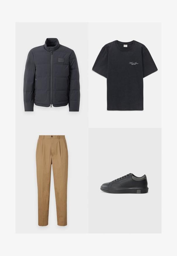 Juodas pūkuotas džemperis su aukštu kaklu, siuvinėta tekstūra ir priekiniais užtrauktukais. Yra mažas logotipo pleistras kairėje krūtinės pusėje ir šoniniai kišeniai.; Juodas trumpomis rankovėmis, apvaliu kaklu marškinėliai su mažu baltu "Filling Pieces" tekstiniu logotipu kairiajame krūtinės kampe.; Šviesiai rudos klostuotos kelnios tiesiu sijonu, pagamintos iš glotnaus audinio. Turi priekinį mygtuko užsegimą ir šonines kišenes.; Juodos odinės sportinės bateliai su lygiu paviršiumi, apvaliu nose ir tamsiai pilkais akcentais. Turi raištelių dizainą ir tekstūruotą gumos padas.