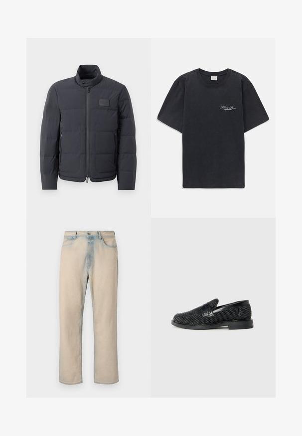 Must musternakk, millel on kõrge kaelus, tikkimise tekstuur ja esi tõmblukk. Iseloomustab väike logopatch vasakul rinnal ja küljetaskud.; Must have lühikesed varrukad ümmarguse kaelusega must T-särk, millel vasakul rinnal on väike valge "Filling Pieces" teksti logo.; Heledadbeegid teksad sirge säärekujundusega, bleidunud siniste aktsentidega, viie taskuga ja nööbiga kinnitamisega vöö kohal.; Must musta kootud slip-on king, millel on pehme nahast accent ülaserval, ümmargune varvas ja madal profiiliga kummitald.