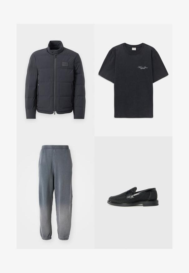 Black puffer jacket with a high collar, quilted texture, and a front zipper. Features a small logo patch on the left chest and side pockets.; Black short-sleeve crew neck t-shirt with small white "Filling Pieces" text logo on the left chest.; Gray jogger pants with a soft texture, tapered ankles, side pockets, and a subtle gradient from dark to lighter gray. Elastic waistband at the top.; Black woven slip-on shoe with a smooth leather accent on the upper, a round toe design, and a low-profile rubber sole.
