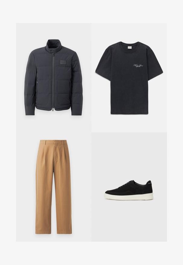 Casaco puffer preto com gola alta, textura acolchoada e fecho éclair frontal. Apresenta um pequeno emblema no lado esquerdo do peito e bolsos laterais.; T-shirt preta de manga curta, com decote redondo e pequeno logótipo branco "Filling Pieces" no lado esquerdo do peito.; Calças largas castanhas feitas de um tecido suave. Têm uma cintura alta com pregas, passantes para cinto e um único bolso frontal.; Sapatilhas de camurça pretas com design de atacadores e sola de borracha branca em contraste. Apresenta painéis laterais texturizados e uma marcação discreta no calcanhar.