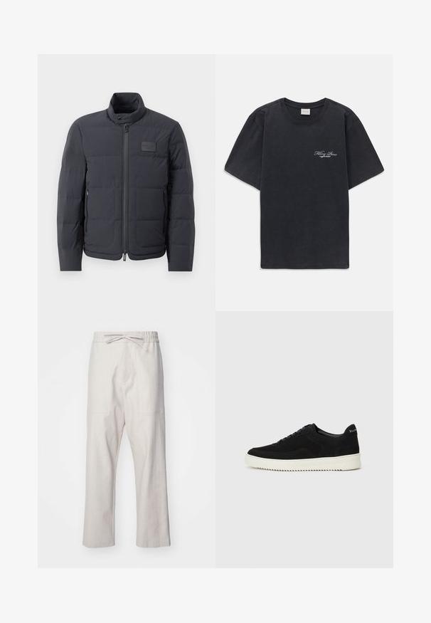 Giubbotto imbottito nero con colletto alto, texture trapuntata e zip frontale. Presenta una piccola patch con logo sul lato sinistro del petto e tasche laterali.; T-shirt nera a maniche corte con collo rotondo, dotata di un piccolo logo bianco "Filling Pieces" sul lato sinistro del petto.; Pantaloni in lino di un beige chiaro, con vita elastica dotata di cordoncino e due tasche frontali. Design a gamba dritta.; Sneaker in suede nero con design con lacci e suola in gomma bianca a contrasto. Presenta pannelli laterali testurizzati e un marchio discreto sul tallone.