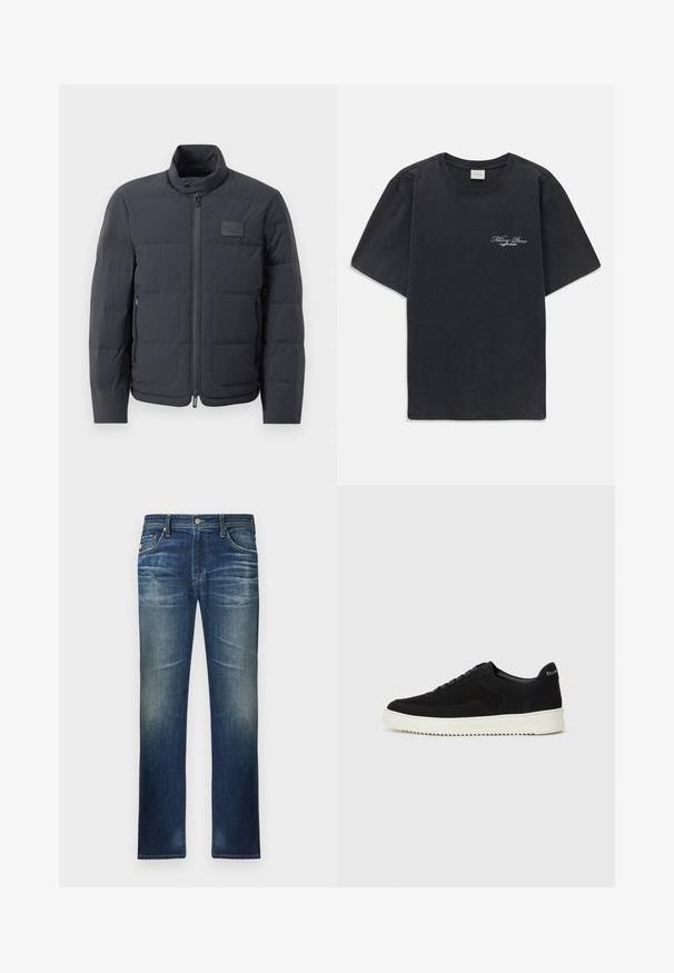 Casaco puffer preto com gola alta, textura acolchoada e fecho éclair frontal. Apresenta um pequeno emblema no lado esquerdo do peito e bolsos laterais.; T-shirt preta de manga curta, com decote redondo e pequeno logótipo branco "Filling Pieces" no lado esquerdo do peito.; Jeans de denim em tom escuro com um design de perna reta, apresentando um desbotamento suave e detalhes discretos de bigode na parte da frente. Estilo padrão de cinco bolsos.; Sapatilhas de camurça pretas com design de atacadores e sola de borracha branca em contraste. Apresenta painéis laterais texturizados e uma marcação discreta no calcanhar.