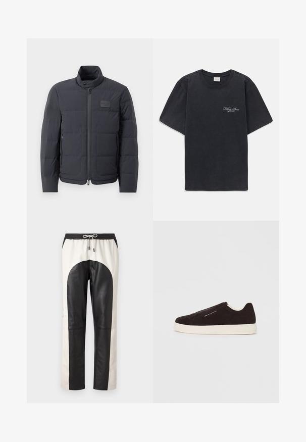 Črna napihnjena jakna z visokim ovratnikom, prešito teksturo in sprednjim zadrgo. Ima majhno logo nalepko na levem prsnem delu in stranske žepe.; Črna majica s kratkimi rokavi in okroglo ovratnikom, z majhnim belim logotipom "Filling Pieces" na levi strani prsnega dela.; Hlače v črni in kremni barvi z ohlapnim krojem, elastičnim pasom z vrvico in mešanico usnja ter tekstila.; Črne zimske superge iz nubuk usnja s belo gumo, ki se ponašajo z gladko teksturo in subtilno blagovno znamko na strani. Klasična zasnova in struktura.